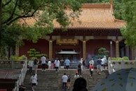 A group of international students exploring a traditional Taiwanese temple.