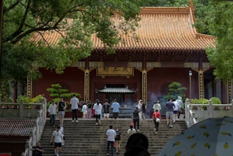 A group of international students exploring a traditional Taiwanese temple.