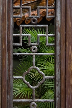 A wooden window frame features an intricate geometric grille design with a verdant palm plant visible through its lattice structure. The background shows part of a rustic tiled roof, contributing to the natural and earthy ambiance.