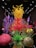 A vibrant display of blown glass sculptures featuring swirling shapes and a mix of colors. The centerpiece is a towering structure with yellow and orange tendrils surrounded by various organic forms, including green spiky plants and spherical objects in red and pink hues. The art pieces are set against a dark backdrop, creating a striking contrast.