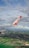 An airplane wing with a red tip featuring the AirAsia logo is prominently visible against a backdrop of partly cloudy skies. Below, a landscape of lush green fields, scattered buildings, and a few patches of water stretches into the distance.