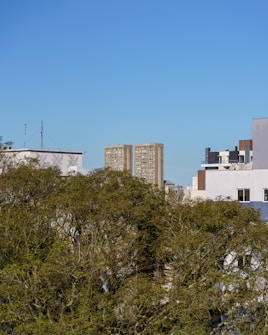 A cityscape with several buildings visible above a line of dense green trees. Prominent in the background are two tall, beige apartment towers with numerous windows. Surrounding these are additional modern structures with a mix of brown, white, and black façades. The sky is clear and blue, enhancing the overall urban environment.