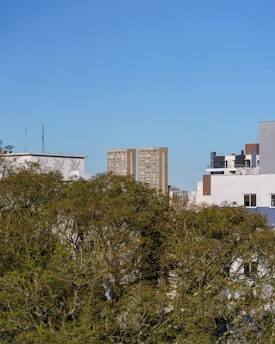 A cityscape with several buildings visible above a line of dense green trees. Prominent in the background are two tall, beige apartment towers with numerous windows. Surrounding these are additional modern structures with a mix of brown, white, and black fa&ccedil;ades. The sky is clear and blue, enhancing the overall urban environment.