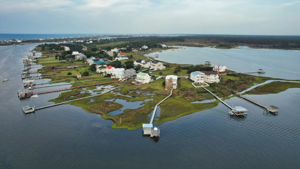 an aerial view of a small island in the middle of a body of water