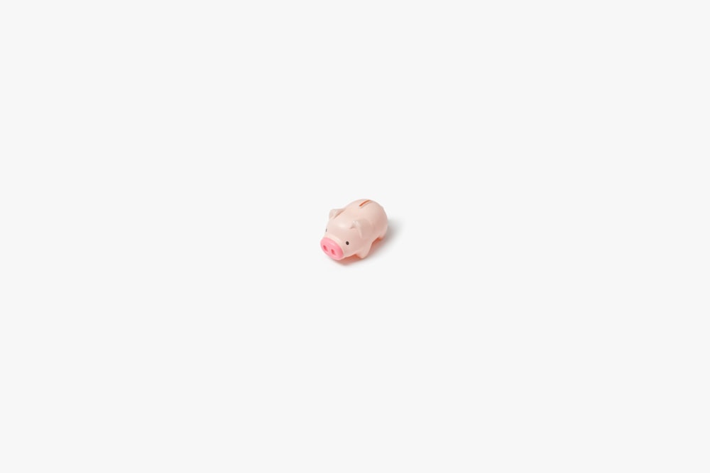 a small pink pig sitting on top of a white surface