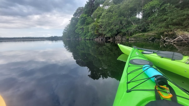 Students kayaking on a calm lake, enjoying nature and practicing English vocabulary.