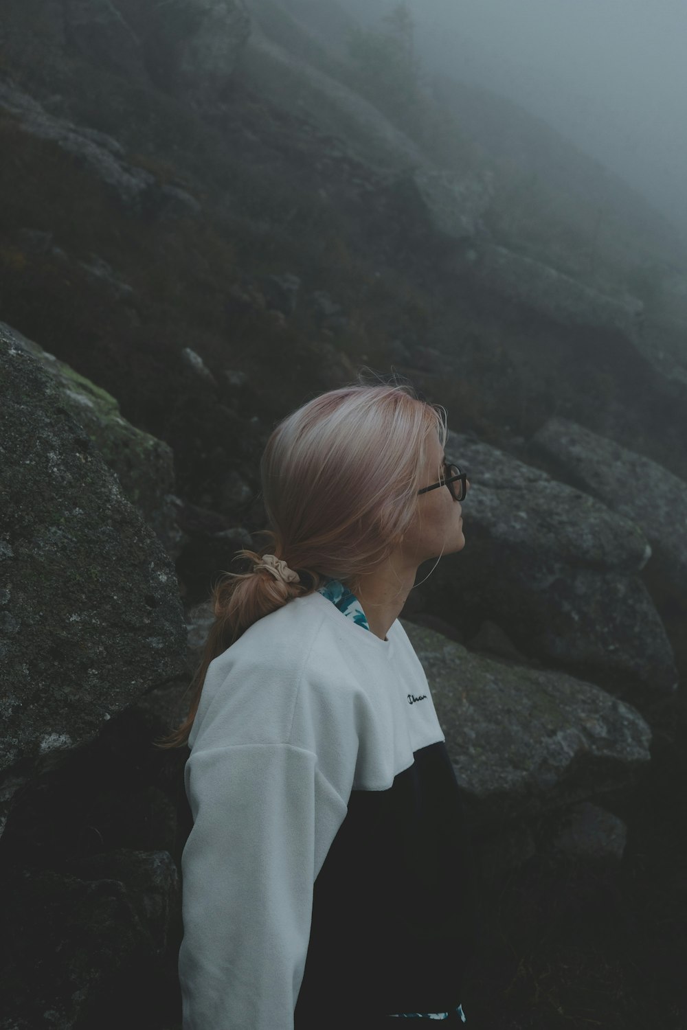 분홍색 머리를 가진 여자가 안개 낀 산에 서 있다