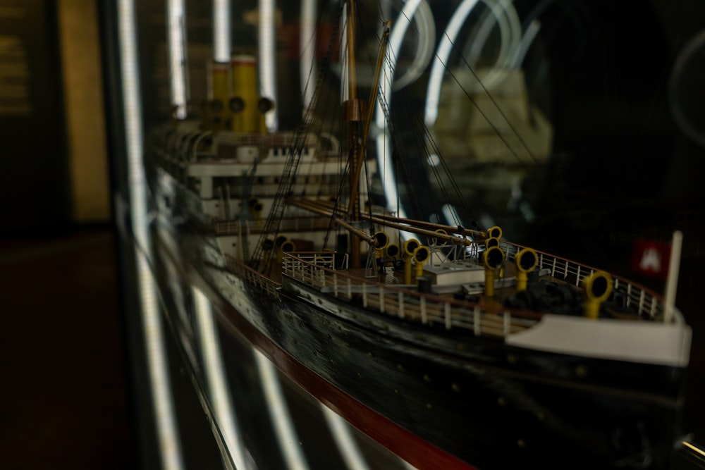 a model of a ship in a display case