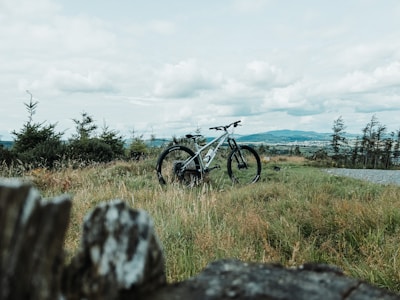 A mountain bike is positioned on a grassy field with a backdrop of rolling hills and a cloudy sky. The foreground features blurred wooden posts, suggesting that the photo is taken from behind a fence or barrier. Sparse evergreen trees dot the landscape, contributing to a serene and natural setting.