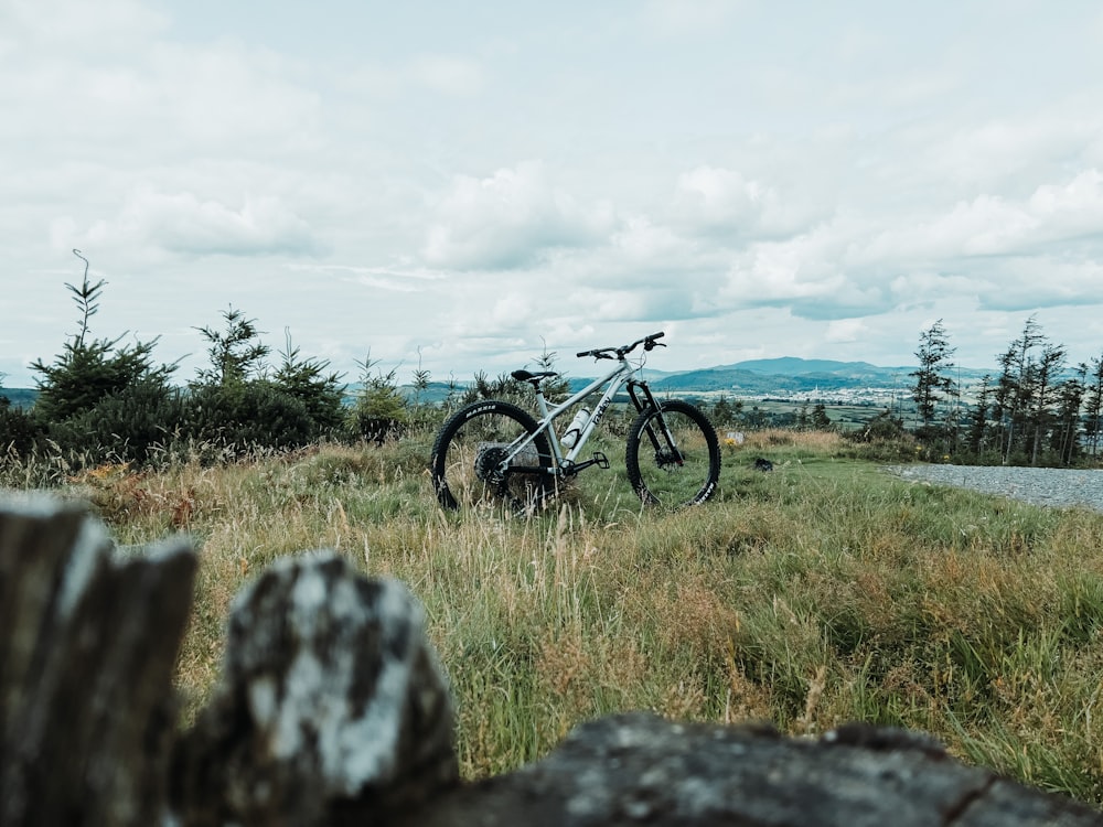 a bike is parked in a grassy field