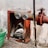 An old fire hose cabinet with a rusty exterior is attached to a red fire hydrant. The cabinet contains neatly coiled fire hoses. Surrounding the setup is a weathered concrete wall, and a green plant pot is visible nearby.