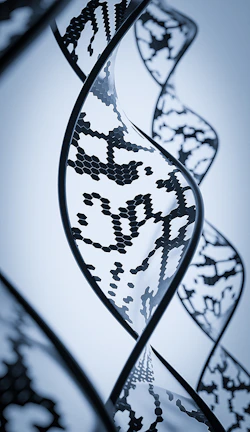 A curved structure with a black hexagonal pattern against a light blue background