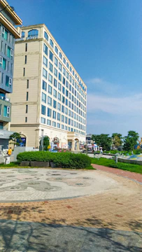 Wide angle view of a completed building with clear access paths.
