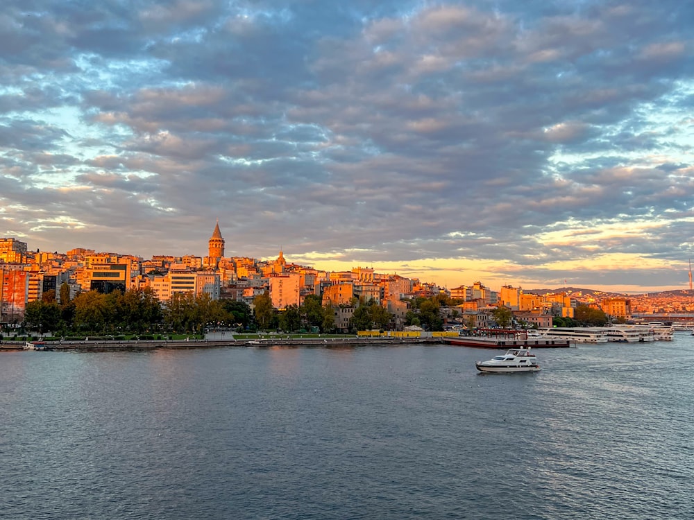 a body of water with a city in the background