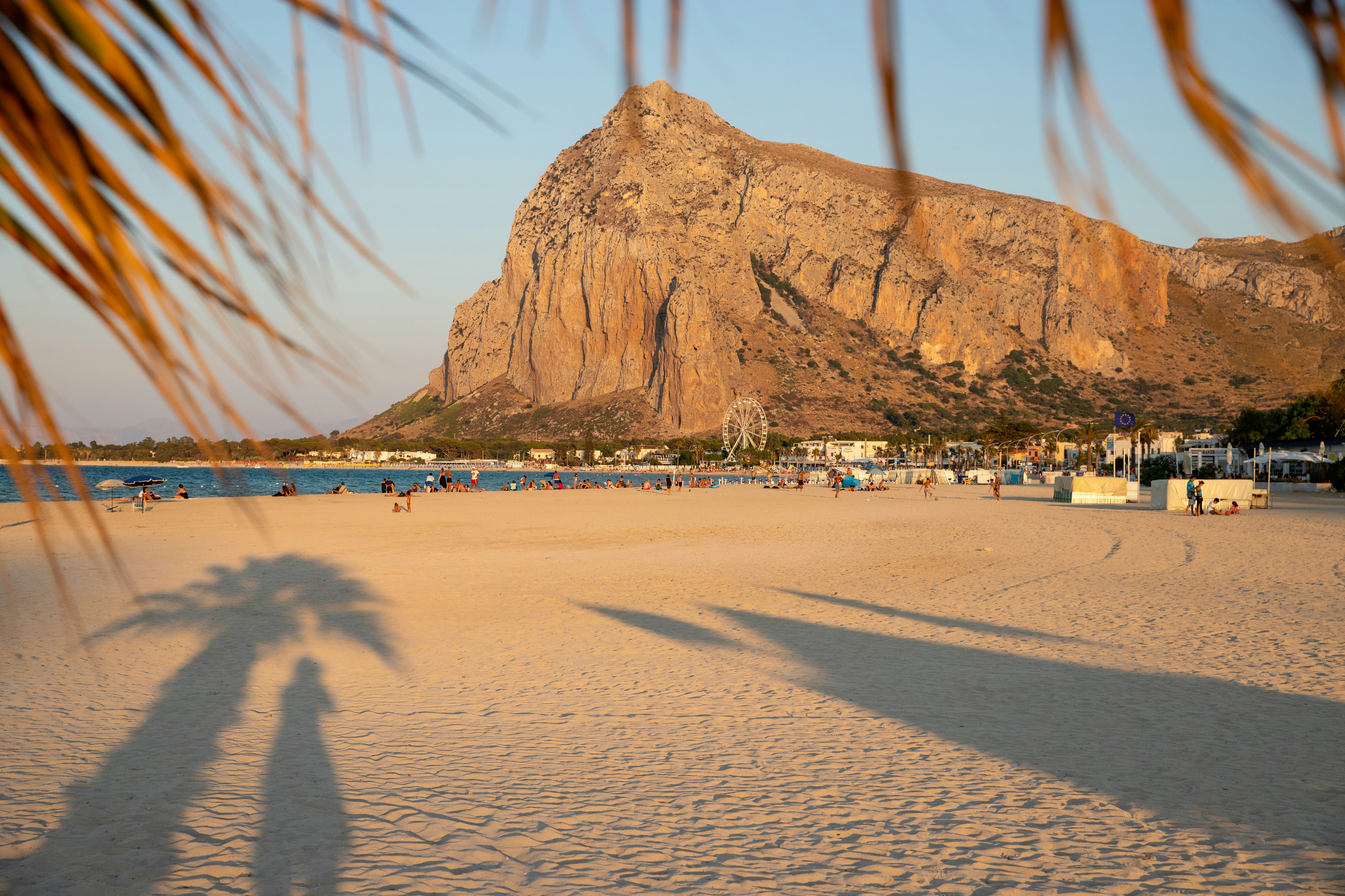 a shadow of a palm tree on a beach, San Vito Lo Capo Beach and Mountain Monaco View