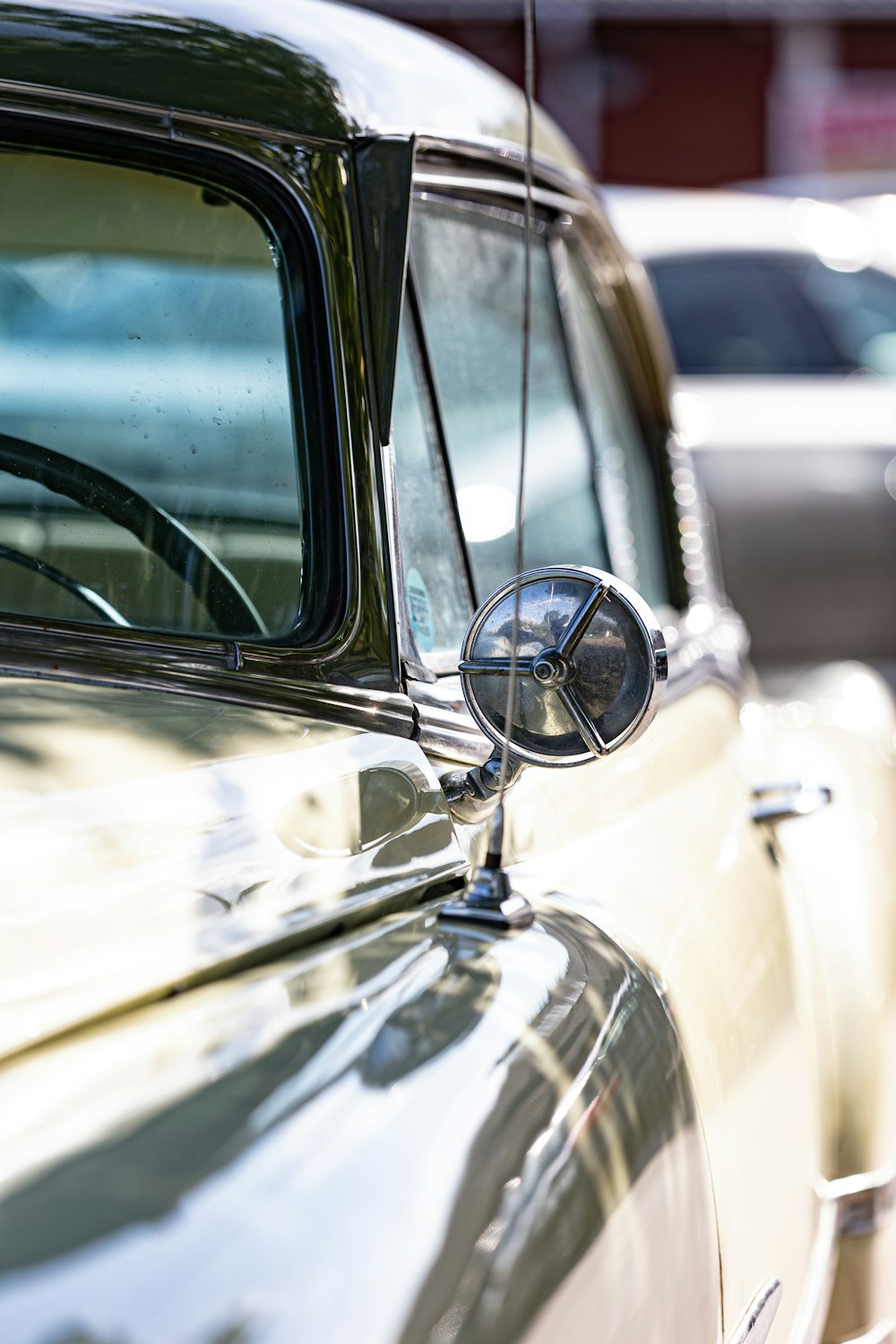 a close up of the side mirror of a car