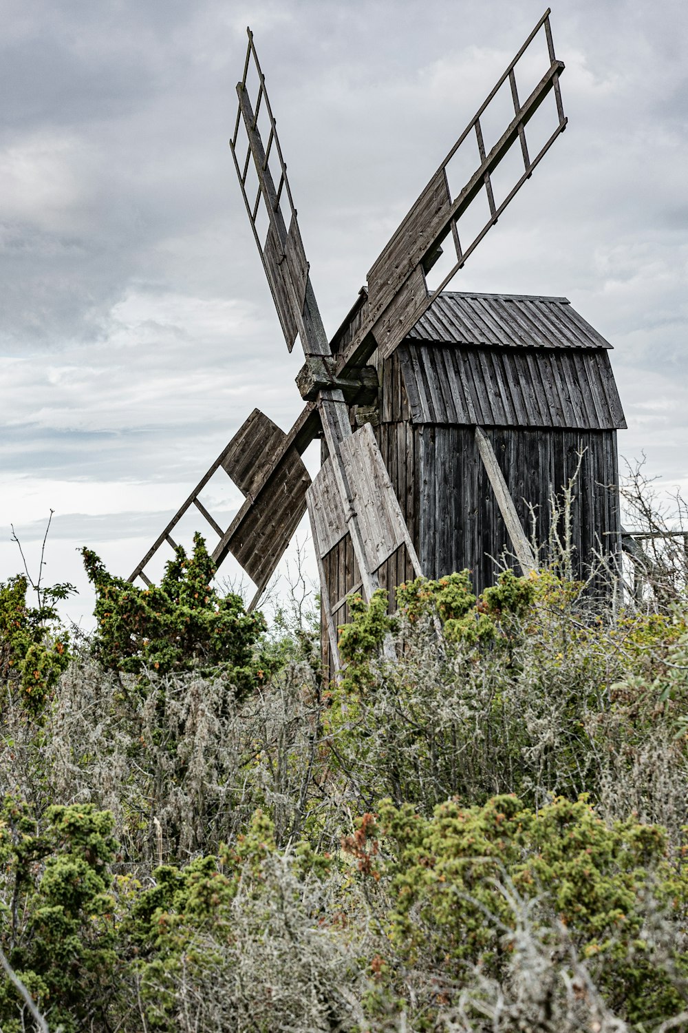 a wooden windmill sitting in the middle of a forest