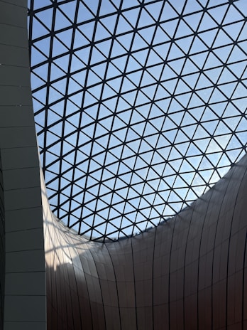 A geometrically intricate glass ceiling with a lattice structure, allowing natural light to illuminate the curving, metallic-clad walls below. The architectural design combines modern aesthetic with functional space.