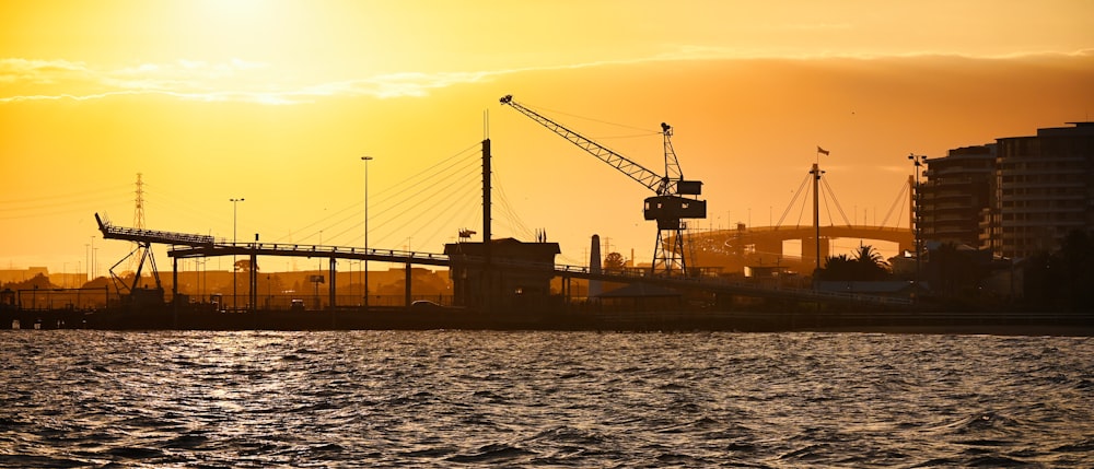 a large body of water with a crane in the background