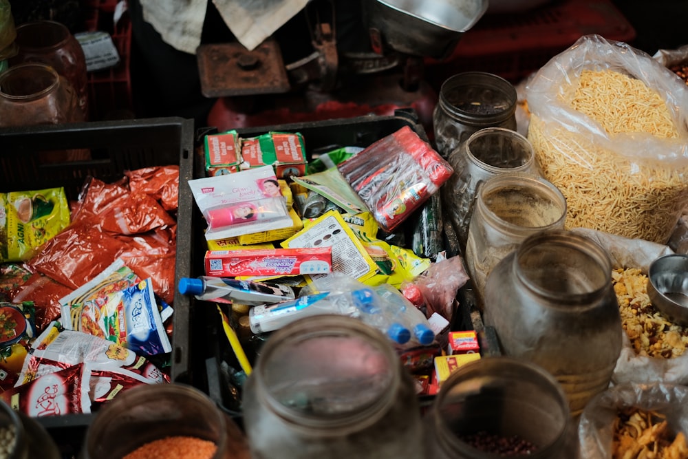 a pile of food sitting on top of a table