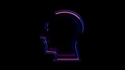 A neon outline of a human head profile in side view against a black background, featuring vivid blue and purple colors that create a glowing effect.