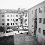 Sunlit courtyard of an apartment complex where neighbors chat and relax