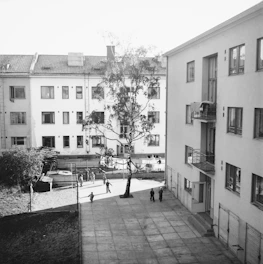 A diverse group of neighbors happily interacting in a well-maintained apartment courtyard.