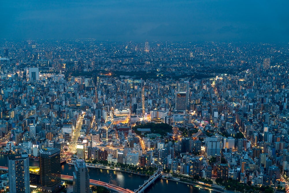 an aerial view of a city at night