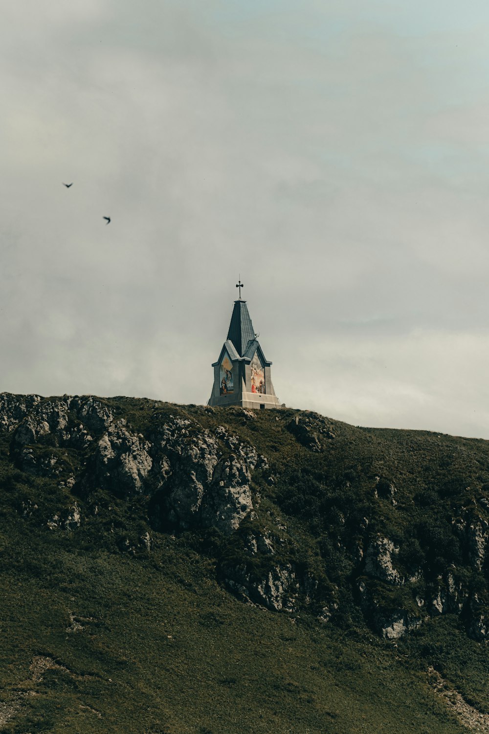 a church on a hill with a bird flying by