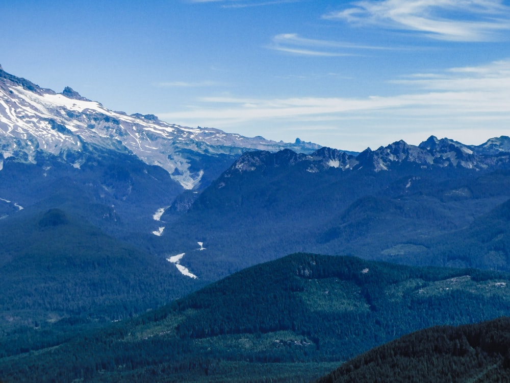 a view of a mountain range with a snow capped peak
