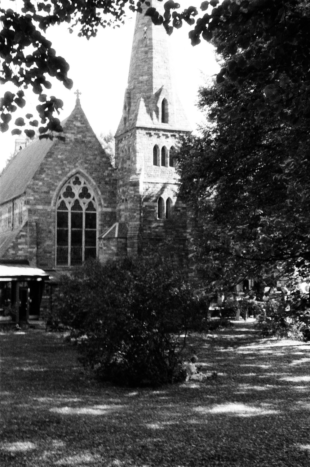 a black and white photo of a church