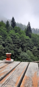 A steaming cup of Kerala Highlands chai resting on a wooden table with misty hills in the background at dawn.