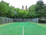 A tennis court surrounded by a metal fence, situated in a lush green area with various trees. The court has a clean, green surface marked with white lines, and there is a pole with lights on the left side. The background is filled with dense foliage, adding a serene and natural ambiance.