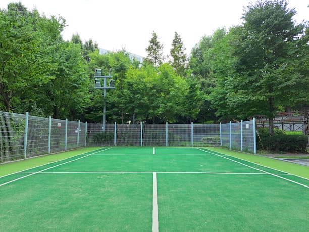 A tennis court surrounded by a metal fence, situated in a lush green area with various trees. The court has a clean, green surface marked with white lines, and there is a pole with lights on the left side. The background is filled with dense foliage, adding a serene and natural ambiance.