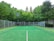 A tennis court surrounded by a metal fence, situated in a lush green area with various trees. The court has a clean, green surface marked with white lines, and there is a pole with lights on the left side. The background is filled with dense foliage, adding a serene and natural ambiance.