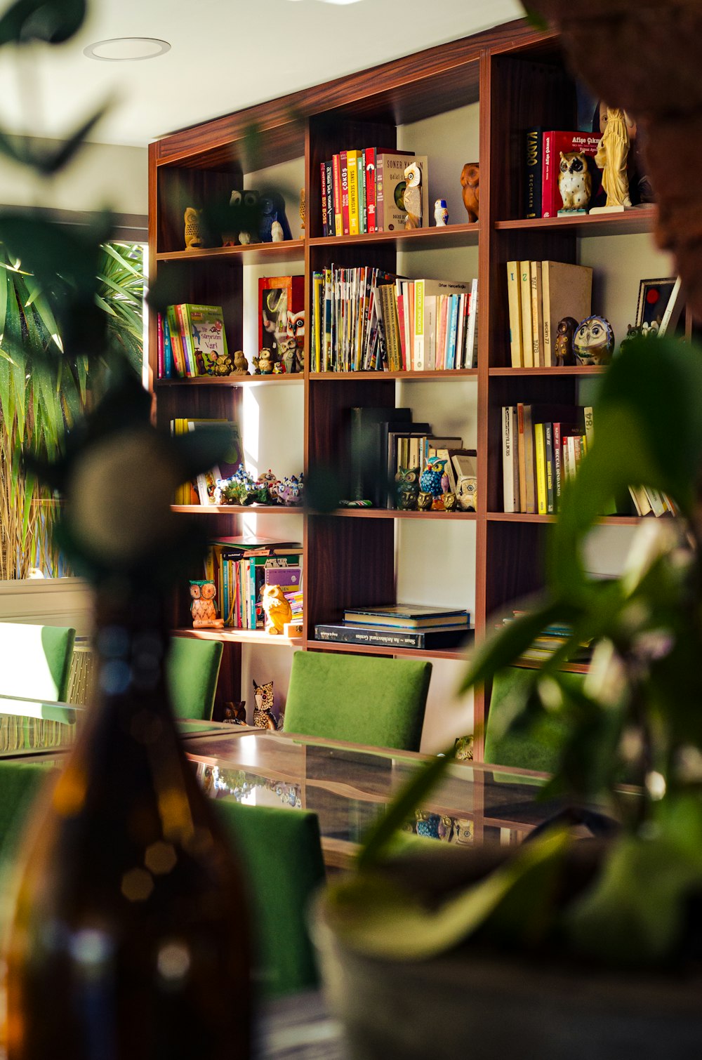 a living room with a book shelf filled with books