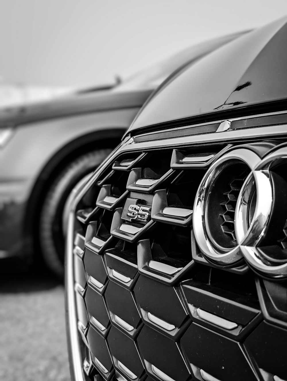 a close up of the front grille of a car