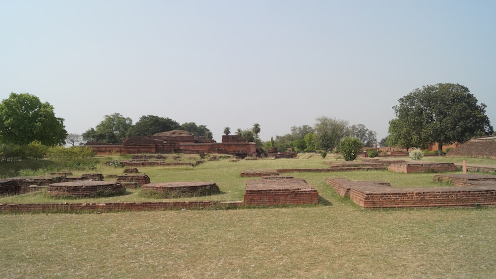 a grassy area with a bunch of bricks in it