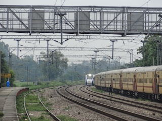 A train is approaching on a set of railway tracks with another stationary train on the right. Overhead electrical lines and a footbridge are visible above the tracks. The setting appears to be a railway station surrounded by greenery, with a platform on the left and a sign visible.