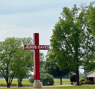 A large red cross with the text 'JESUS SAVES' stands prominently on a grassy area surrounded by trees. In the background, there is a road with a couple of vehicles visible. The sky is overcast, and a small house is partially visible to the right.