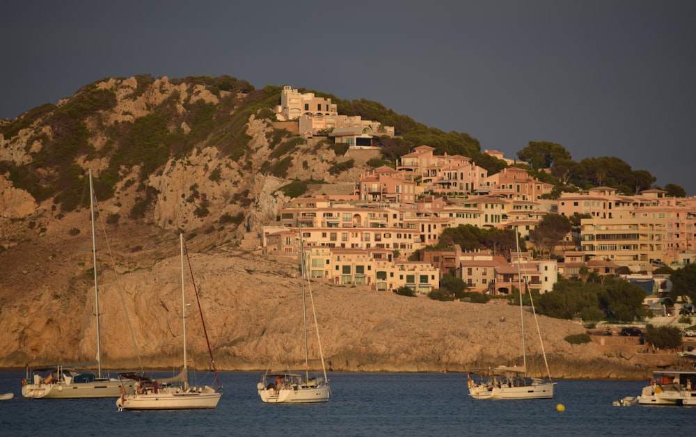 a group of boats floating on top of a body of water