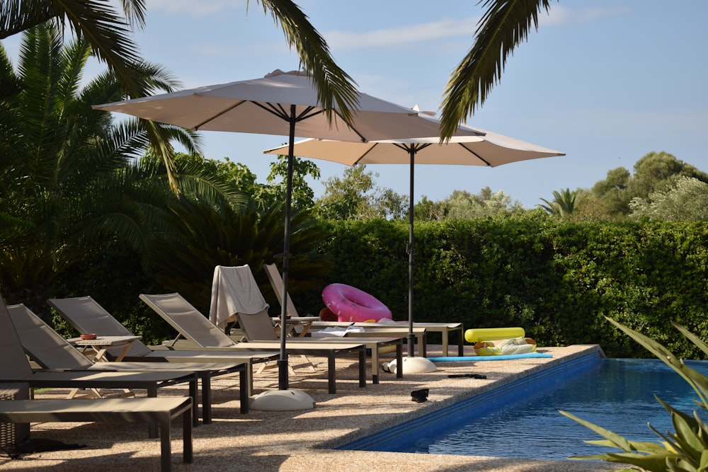 a row of lounge chairs sitting next to a swimming pool