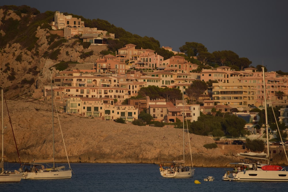 a group of boats floating on top of a body of water