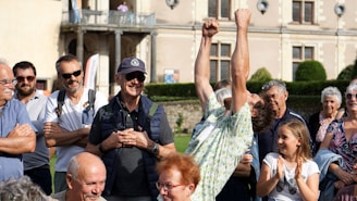 Excursion group celebrating arrival at a contest venue