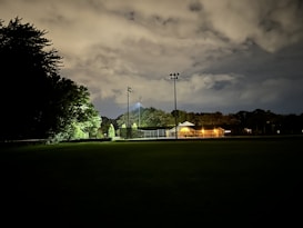 A nighttime scene with a sports field illuminated by light poles and a small building emitting warm light. The sky is partly cloudy, casting a dim, diffused glow. Dense trees border the left side of the field, creating a dark contrast against the lighter elements.
