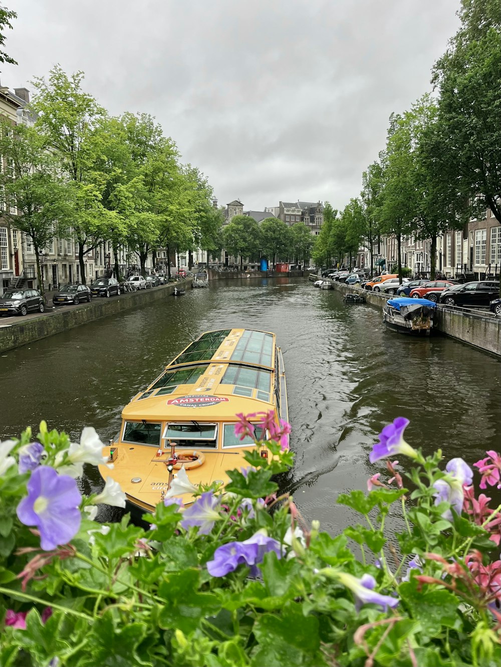 a yellow bus driving down a street next to a river