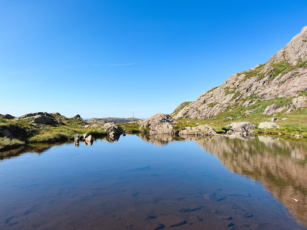 a body of water surrounded by rocks and grass