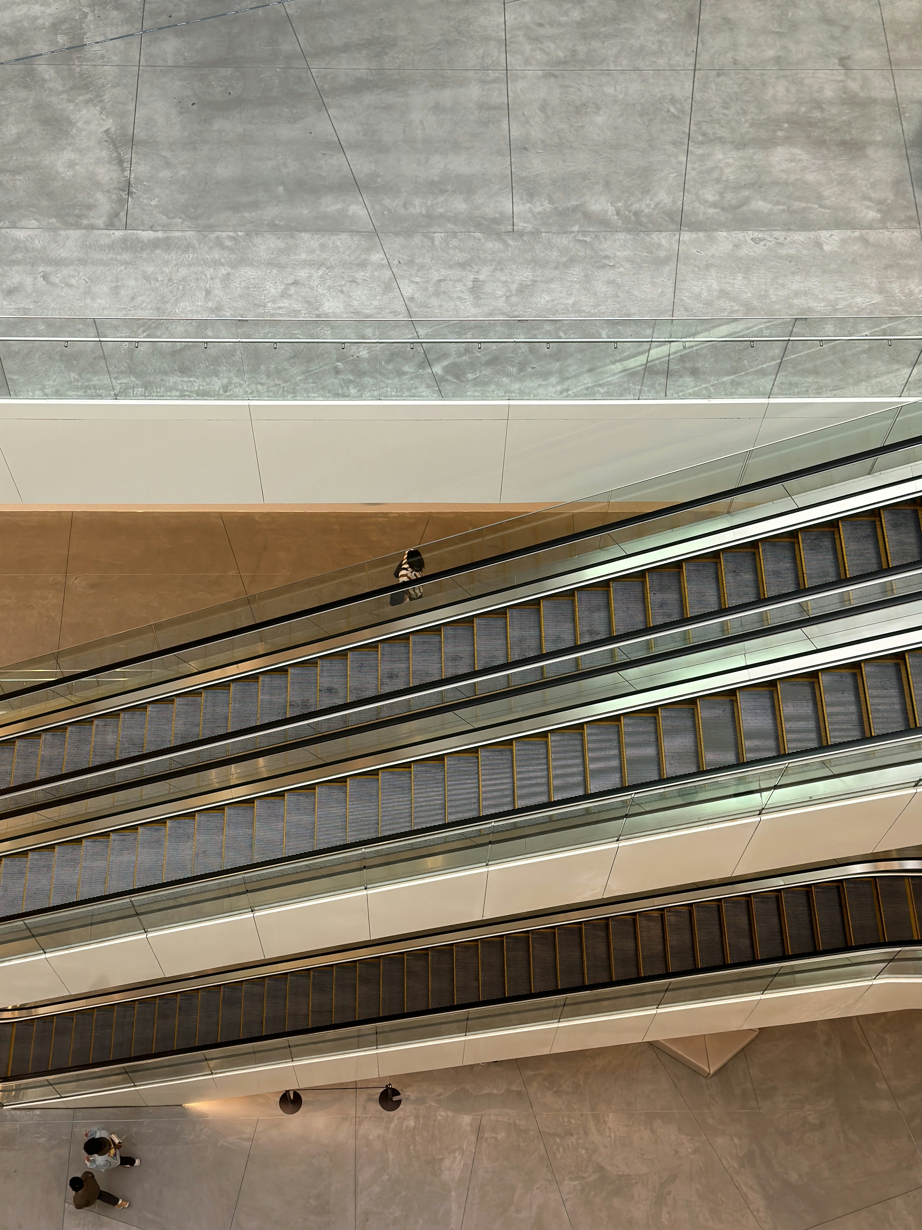 three escalators in a building with a skylight