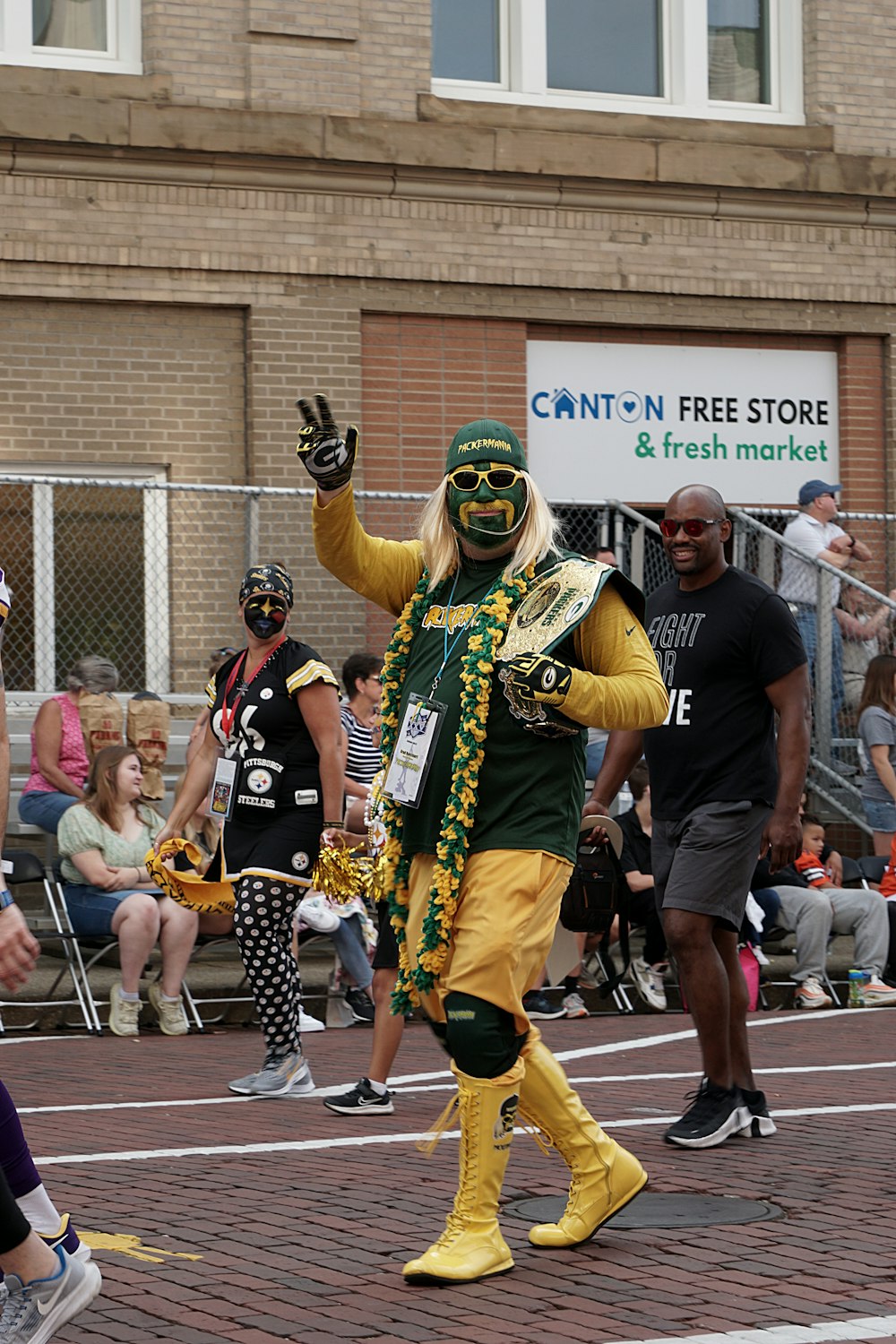 a person in a costume walking down a street