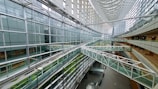 A modern architectural interior featuring a large atrium with multiple levels and glass walls. The space is filled with intersecting glass and steel walkways, creating a geometric pattern. Natural light pours in through the expansive glass ceiling, illuminating the green plants lining the walkways.